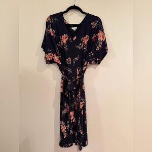J.Jill Floral Navy/Pink Midi Dress - Large Petite